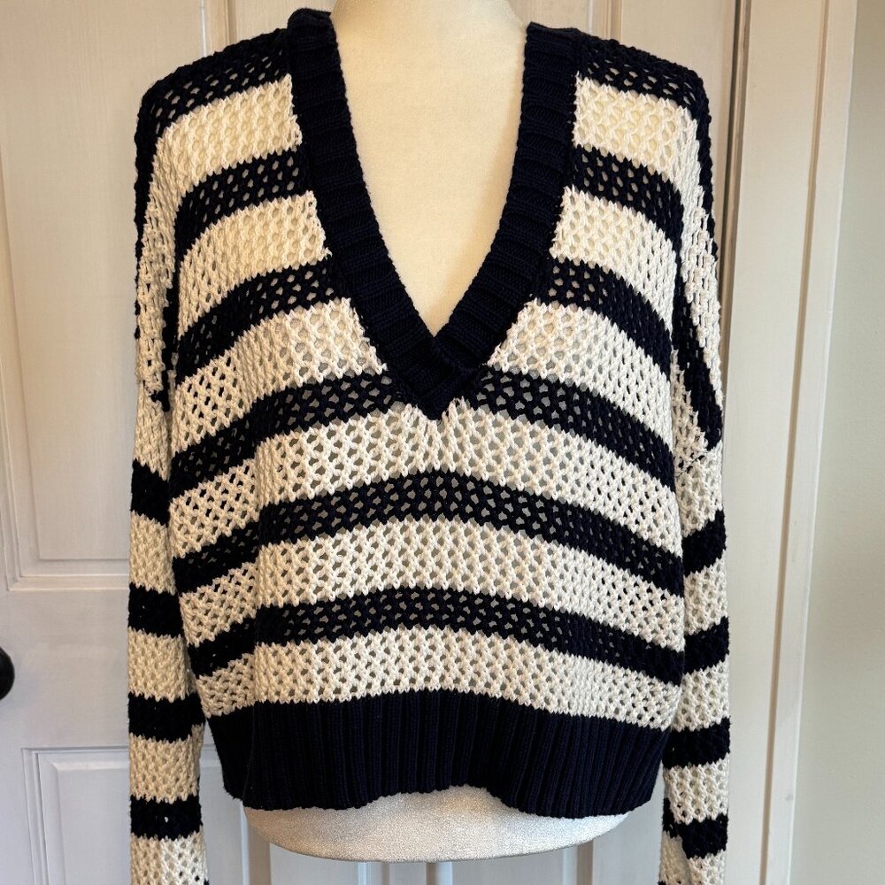 aerie offline | cream and navy stripe open knit sweater | size medium